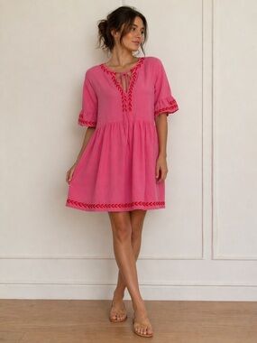 Umgee Pink Embroidered Tie-Neck Mini Dress Small